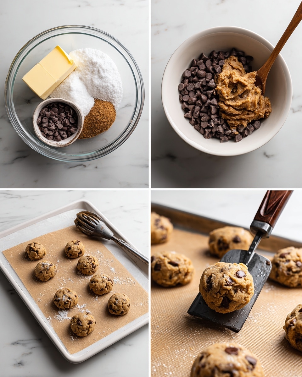 Four images show the process of making chocolate chip cookies on a white marbled surface. The first image has a clear glass bowl with one stick of butter, white sugar, and brown sugar layered in a small pile. Nearby is a white bowl holding one egg and an electric mixer. The second image shows the same clear glass bowl with brown cookie dough and a pile of dark chocolate chips on top, with a wooden spoon resting inside the bowl. The third image has a white baking tray lined with brown parchment paper and several round cookie dough balls with visible chocolate chips spaced apart on it. The fourth image shows the baked cookies on brown parchment paper with a woman's hand holding a metal spatula with a dark wooden handle, lifting one cookie that looks soft and has melted chocolate chips on top, with a sprinkle of salt visible on the cookies. Photo taken with an iphone --ar 4:5 --v 7