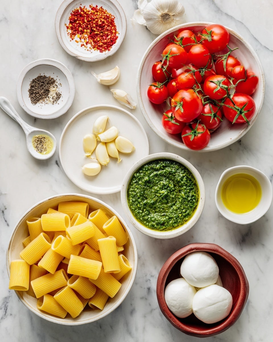 The image shows several bowls and plates arranged on a white marbled surface with fresh ingredients for a pasta dish. At the bottom left is a white bowl filled with yellow rigatoni pasta tubes. To the right, there is a white bowl full of red cherry tomatoes with green tops, and some tomatoes rest beside the bowl. Above these, a white bowl holds a green pesto sauce with a smooth and slightly chunky texture. Near the top left, a small white plate holds several garlic cloves, and beside it are two small white spoons, one with black pepper and the other empty. A small round white dish above contains red pepper flakes, and to the right, a small white cup holds a pale yellow liquid, likely oil. Lastly, a reddish-brown bowl contains two soft white balls of fresh mozzarella cheese photo taken with an iphone --ar 4:5 --v 7