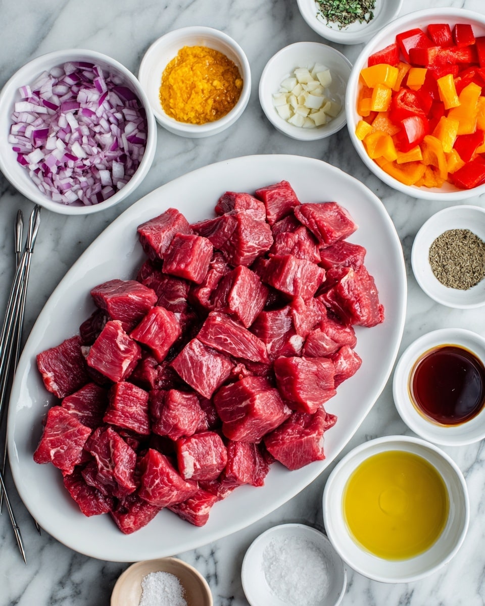 The image shows a white oval plate filled with many chunks of raw red meat placed in the center. Around the plate, there are several small white bowls and one brown bowl, each holding different ingredients: a bowl with chopped red onion pieces at the bottom, a bowl with orange and red chopped bell peppers at the top right, and smaller bowls containing minced garlic, black pepper, a yellow mustard-like sauce, soy sauce, a reddish sauce, olive oil, and coarse salt arranged around the meat plate on a white marbled surface. There are also a few metal skewers placed near the bowls. photo taken with an iphone --ar 4:5 --v 7