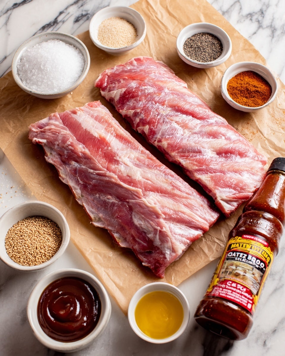 Two large raw pork ribs with visible fat and meat textures rest side by side on a sheet of brown parchment paper. Surrounding the ribs are small white bowls containing various spices and ingredients: one has white salt, another black pepper, then sesame seeds, a reddish-brown spice, brown sugar, yellow mustard sauce, and a small bowl of barbecue sauce. A bottle of Gates Kansas City Bar-B-Q Sauce leans against the ribs on the bottom right. The entire scene is set on a white marbled surface. Photo taken with an iphone --ar 4:5 --v 7