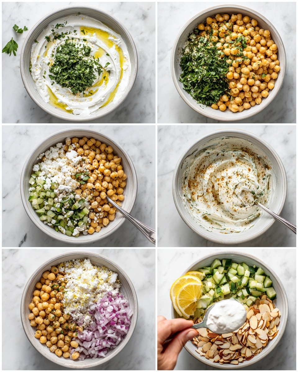 There are six images showing the making of a chickpea salad in a round white bowl. The first image shows a layer of white creamy yogurt topped with chopped green herbs and a drizzle of olive oil. The second image shows the yogurt and herbs mixed into a smooth creamy sauce with some pepper sprinkled on top. The third shows the bowl filled with chickpeas, white crumbled cheese, chopped red onions, diced green cucumbers, and chopped herbs, placed separately on top. The fourth image shows a woman's hand spooning the creamy yogurt sauce over the chickpea and vegetable mixture. The fifth image shows the salad mixed together with sliced almonds added on top. The sixth image has the fully mixed chickpea salad in the white bowl, garnished with lemon and a few green leaves, against a white marbled background. Photo taken with an iphone --ar 4:5 --v 7