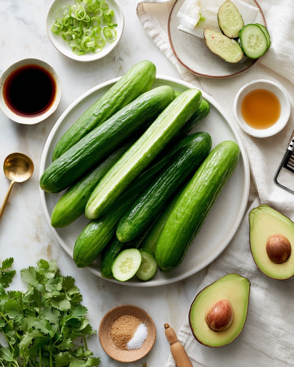 The image shows a white plate in the center with eight long green cucumbers, some whole and some cut in half lengthwise to show their light green inside with seeds. Around the plate, on a white marbled surface, there are halved avocados with dark green outer skin and bright green smooth inside, one with a brown seed inside. Also on the surface are small white bowls holding green sliced scallions, a dark liquid likely soy sauce, and a light amber liquid. There is a small brass spoon filled with salt, a white spoon holding light brown granules, a small brown plate with a grater on it, and a bunch of fresh bright green cilantro leaves on a white cloth. photo taken with an iphone --ar 4:5 --v 7
