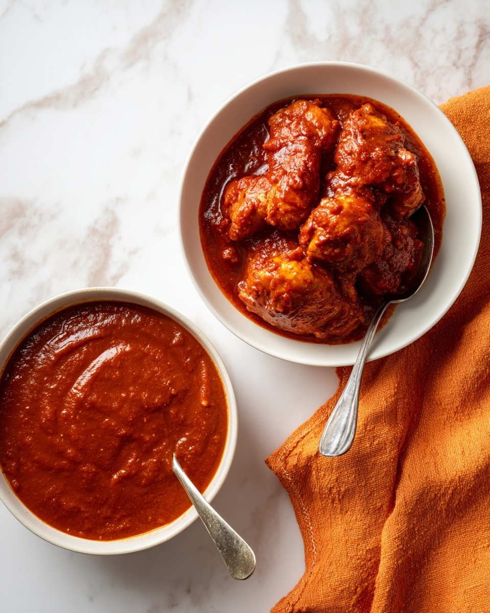 The image shows two white bowls on a white marbled surface. The left bowl contains a thick, smooth reddish-brown sauce with a glossy texture, almost creamy. The right bowl holds several pieces of raw chicken fully covered in the same reddish-brown sauce, making the chicken look richly coated and slightly shiny. Beside the bowls, part of a metal utensil and a folded orange cloth are visible, adding color contrast to the scene. Photo taken with an iphone --ar 4:5 --v 7