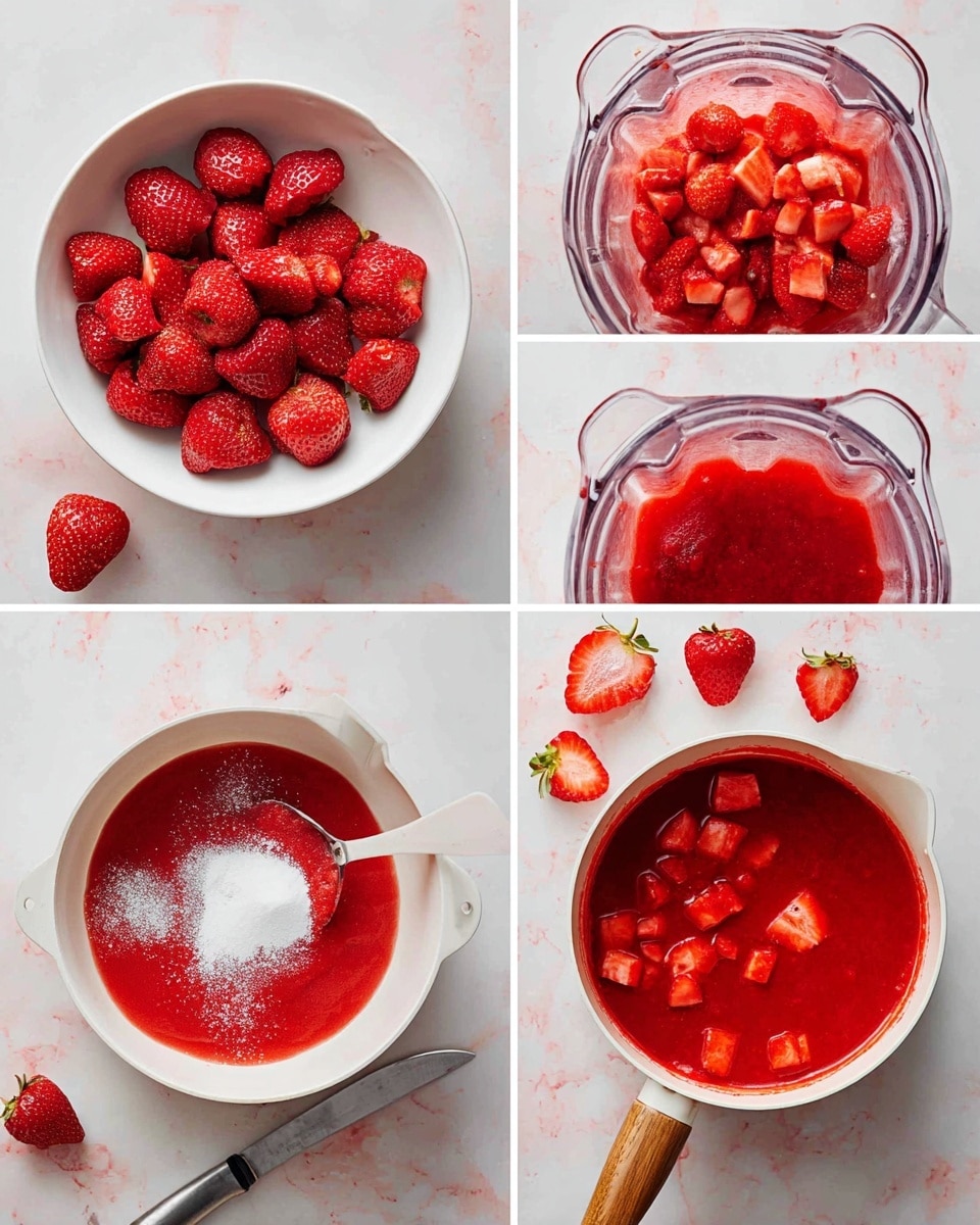 The collage shows six images in two rows, each depicting a step of making strawberry puree. The first image has a white bowl filled with whole strawberries and some sliced strawberry pieces on the side with a knife nearby. The second image shows whole strawberries inside a blender with clear sides. The third image shows the blender filled with pureed bright red strawberry juice. The fourth image shows the puree poured into a white pan with a wooden handle, white sugar being added in a small pile on top. The fifth image shows chopped strawberries added back into the red puree in the white pan. The sixth image shows the white pan filled with the red strawberry mixture with sliced strawberries floating inside. The background and surface are white with a marbled texture. photo taken with an iphone --ar 4:5 --v 7