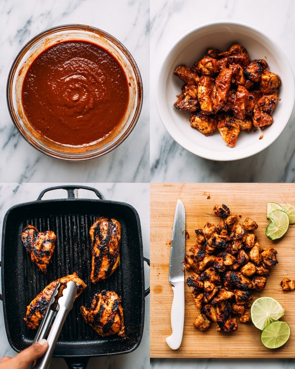 The image shows four parts of cooking chicken with sauce, arranged in a 2x2 grid on a white marbled surface. The top-left section has a clear glass bowl filled with thick, reddish-brown sauce that looks smooth. The top-right section displays a white bowl with raw chicken pieces covered fully in the same reddish sauce, some sauce stuck to the bowl's sides. The bottom-left section features a black grill pan with four pieces of grilled chicken showing dark grill marks and a woman’s hand holding silver tongs near the chicken. The bottom-right section presents a wooden cutting board loaded with small, chopped pieces of cooked chicken, showing charred edges mixed with lighter brown parts, and lime wedges placed on the board sides with a white-handled knife beside the chicken. Photo taken with an iphone --ar 4:5 --v 7