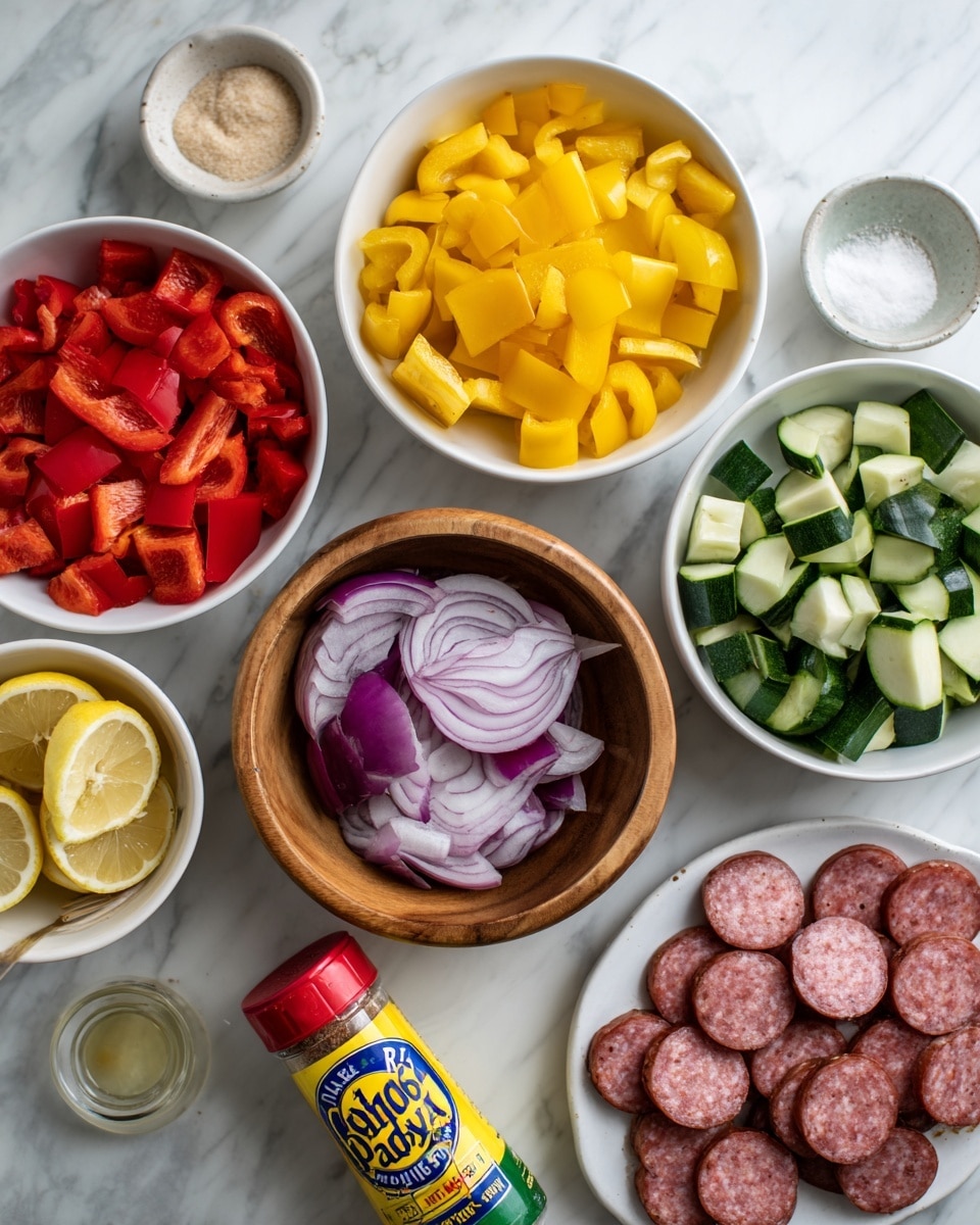 The image shows an overhead view of several white bowls and one wooden bowl placed on a white marbled surface, each filled with different chopped ingredients. The top left white bowl contains bright red bell pepper pieces, the bottom left white bowl is filled with yellow bell pepper chunks, and the right white bowl holds green zucchini pieces cut into chunks. The wooden bowl in the middle contains chopped red onion with white and purple layers visible. To the bottom right, a white plate holds slices of reddish sausage arranged closely together. Near the center, there is a small white bowl with lemon wedges, another small white bowl with a light tan powder, and a small white bowl with a light golden liquid. An Old Bay seasoning container with a yellow and blue label and a red cap sits among the bowls. The photo is taken with an iphone --ar 4:5 --v 7