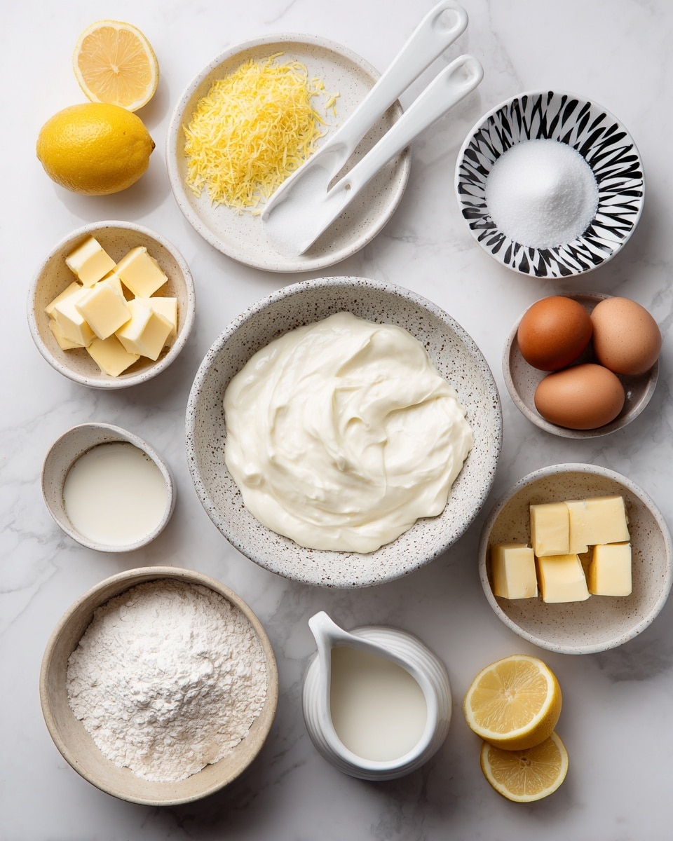 The image shows various baking ingredients arranged neatly on a white marbled surface. There is a large speckled bowl in the center filled with thick white cream. Around it, starting from top left, there is a white bowl with yellow lemon zest, half a lemon, and a white plate holding two white measuring spoons, one filled with granulated sugar and the other with vanilla extract. To the right, a small white bowl with a black zigzag pattern holds neatly cut yellow butter cubes. Below it, a white speckled bowl contains clear egg whites. Nearby, two brown eggs sit in a white speckled bowl. At the bottom center, a soft brown bowl holds white flour with a white spoon resting inside. Below it, a small white speckled pitcher holds milk. A few lemon wedges are placed on the right side, completing the setup. The image is clean, bright, and organized, taken with an iphone --ar 4:5 --v 7