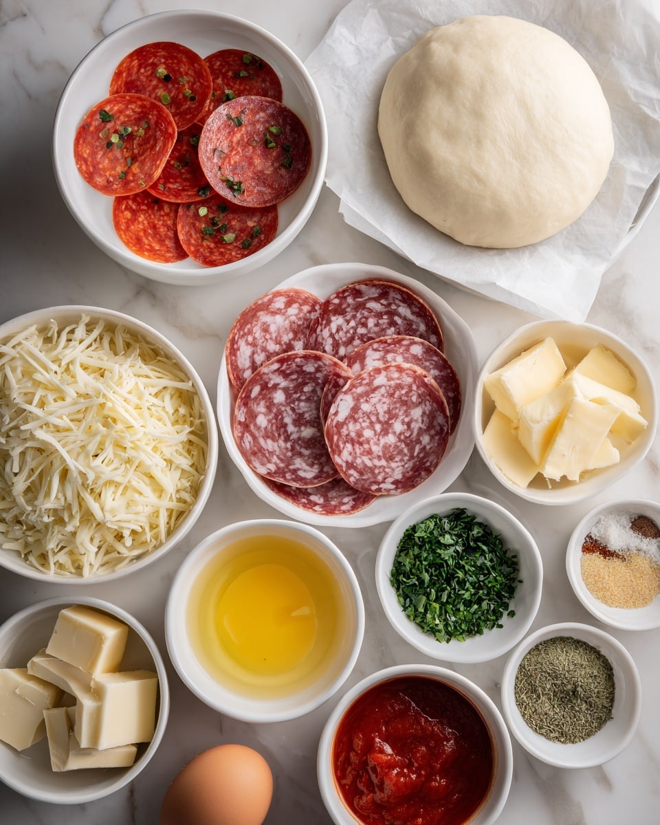 The image shows several white bowls arranged over a white marbled textured surface, each holding different pizza ingredients. In the center, there is a pile of round slices of red pepperoni, pinkish salami with green peppercorns, and another type of salami with marbled fat. To the right, a smooth ball of pale beige pizza dough sits on parchment paper. Surrounding these, white bowls contain layers of circular pale yellow cheese slices, shredded light yellow cheese, coarse white grated cheese, dark green chopped fresh herbs, a brown bowl with coarse salt, another with melted yellow butter, a small bowl with a single brown egg, and a bowl of bright red tomato sauce. Near the top right, there is also a white bowl with a trio of light tan, light green, and beige spices. The ingredients are neatly placed for a clean, organized look. Photo taken with an iphone --ar 4:5 --v 7