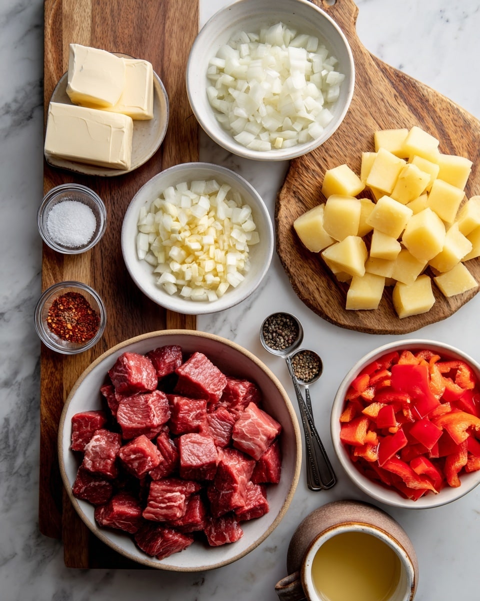 The image shows several small bowls and a wooden cutting board arranged on a white marbled surface, each containing different ingredients. In the center bottom, there is a large bowl filled with red meat cubes. Above it, a small bowl holds finely chopped garlic, and to its left, a bigger bowl contains chopped white onions. On the right side, a white bowl is filled with diced red bell peppers, while the wooden cutting board next to it shows yellow potatoes cut into cubes with a knife resting beside them. Some more potato cubes fill a brown ceramic cup below the cutting board. At the top left, there are two small white bowls, one with two slabs of butter and the other with white salt. Alongside are two small measuring spoons with black pepper and red paprika. Lastly, a small white cup filled with a light yellow liquid is placed at the bottom right corner. Photo taken with an iphone --ar 4:5 --v 7
