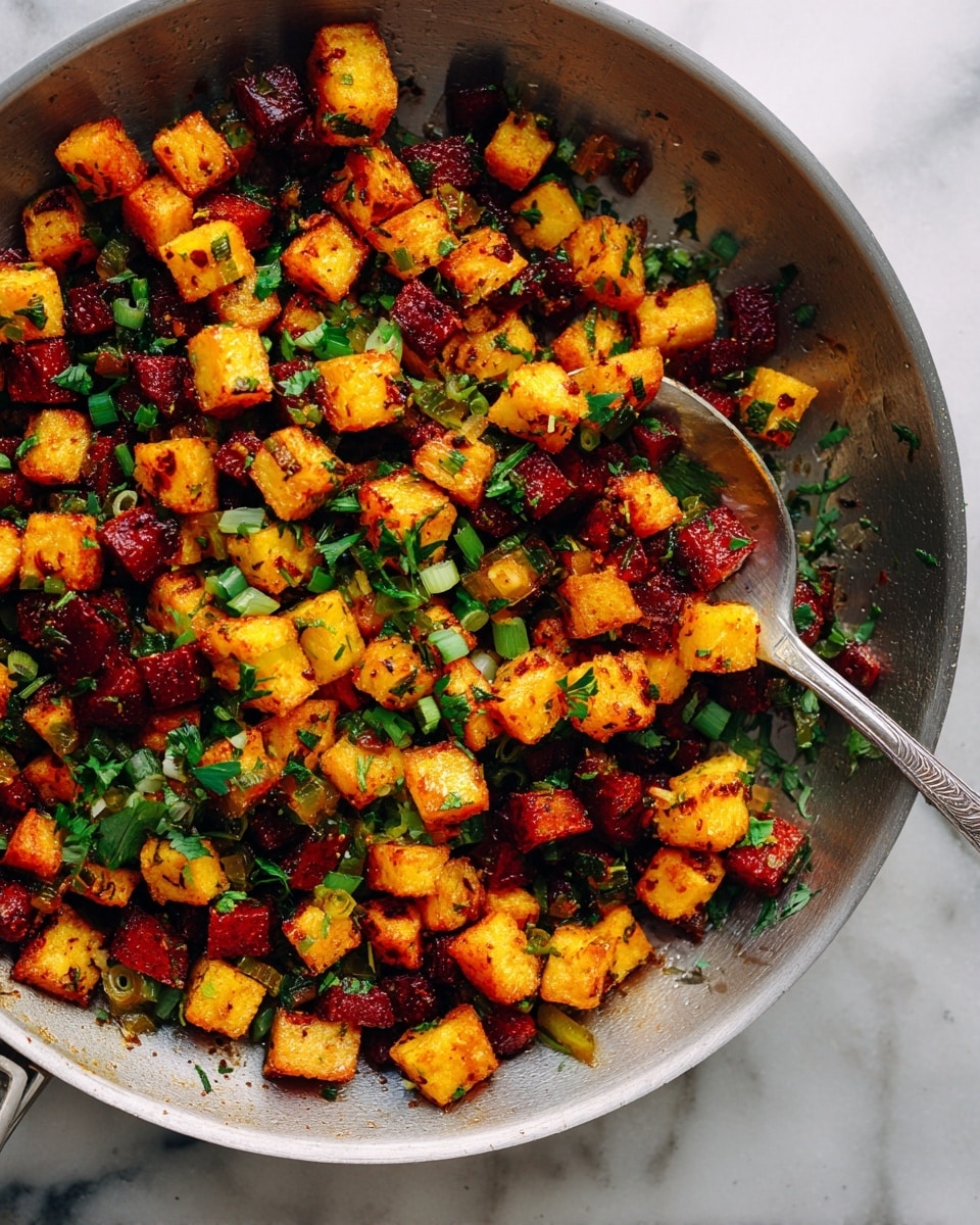 A close-up view of a pan filled with small cubes of food in three main colors: deep red, golden yellow, and bright green. The cubes are mixed evenly, with the red cubes having a slightly crispy texture and the yellow cubes showing some light browning. Small pieces of green herbs and scallions are sprinkled all over, adding freshness and color contrast. A silver spoon rests in the pan, partially scooping some of the mixture. The background is a white marbled texture. photo taken with an iphone --ar 4:5 --v 7