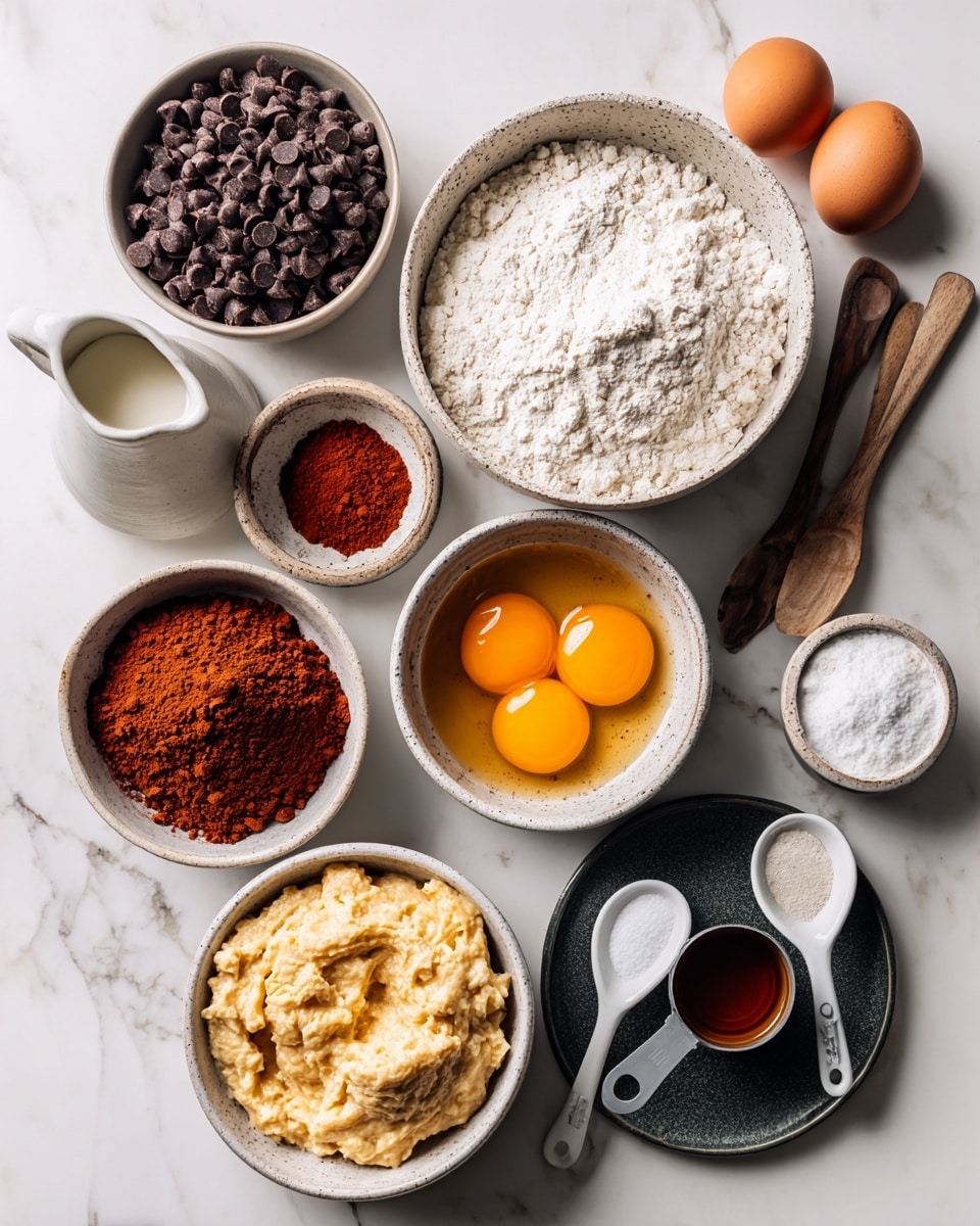 The image shows several bowls and spoons on a white marbled surface, each holding different baking ingredients. In the center, there is a medium bowl filled with white flour, and nearby there is a smaller bowl with two bright orange egg yolks. Below the flour bowl, there is another bowl with mashed bananas showing a creamy, lumpy texture in light beige. To the left, there is a small bowl with bright red cocoa powder, with a white spoon resting on top. Above it, a bowl filled with dark brown chocolate chips sits near the upper left. On the right side, a small white jug contains cream or milk. Near the top right, there is a dark gray plate holding a dark wooden spoon with a measuring cup filled with a brown liquid, along with other white spoons with white granular spices. The whole setup forms a neat, organized arrangement on the white marbled surface, with natural lighting highlighting the colors and textures. photo taken with an iphone --ar 4:5 --v 7