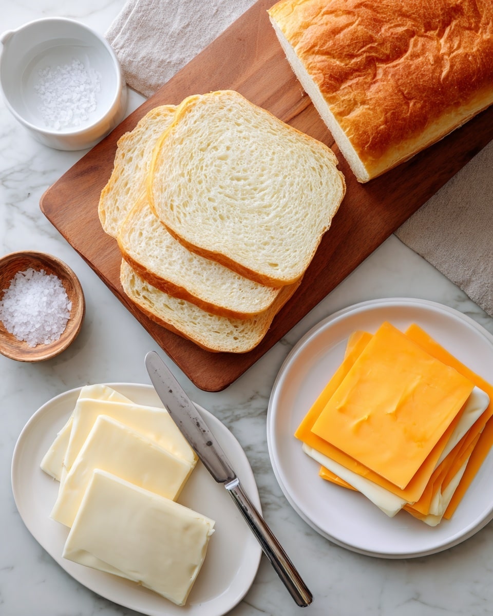 The image shows a sliced loaf of bread with a light golden crust and a soft, airy inside, placed on a wooden cutting board. Next to it on the white marbled surface are three white plates: one with a rectangular block of pale yellow butter and a butter knife, another with neatly stacked bright orange cheddar cheese slices, and the third with creamy white cheese slices. In the top left corner, there is a small white bowl filled with coarse salt. The setup is simple with natural light highlighting the textures of the bread crust and the smoothness of the cheese and butter. Photo taken with an iphone --ar 4:5 --v 7