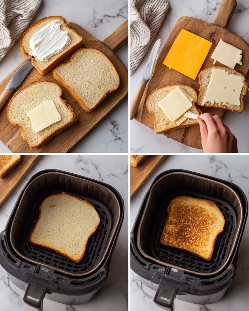 The image shows four steps of making a cheese toast. In the first step, two slices of bread with butter spread on them lie on a wooden cutting board with a butter knife nearby, the butter is white and creamy, and the bread is light brown with a rustic texture. In the second step, a woman's hand places two slices of yellow cheddar cheese and two slices of white cheese on one buttered bread slice on the cutting board, with the other slice of bread and butter knife still visible. The third step shows the buttered bread with no cheese inside placed inside an air fryer with a dark basket and bottom. In the final step, the toasted bread slice inside the air fryer has a golden-brown color with some darker spots, showing a crispy texture on top. The setting surface is a white marbled texture. Photo taken with an iphone --ar 4:5 --v 7