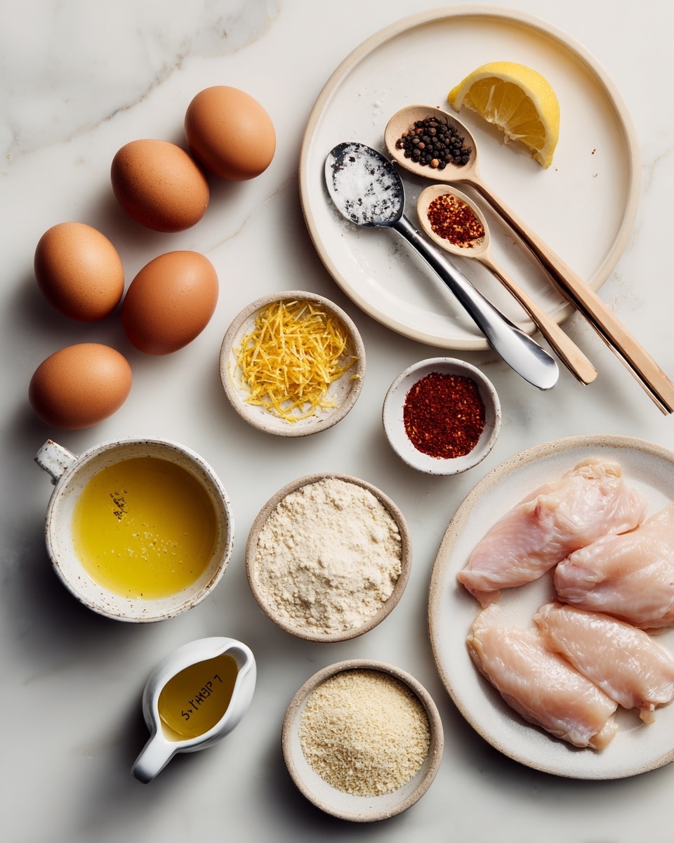 The image shows a white plate with four raw light pink chicken pieces on the right side placed on a white marbled surface. Above the chicken plate, there is a larger white plate with four spoons holding different spices: a wooden spoon with black peppercorns, a black spoon with white salt, a white spoon with red paprika labeled