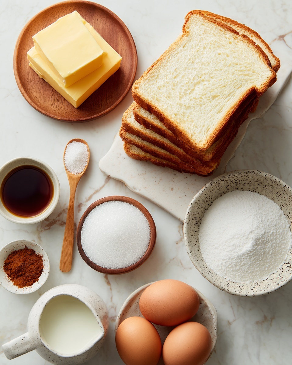 The image shows six slices of white bread stacked diagonally on a white marbled surface. Near the bread, there is a small wooden plate with three yellow butter blocks stacked on top. To the right, there are four brown eggs inside a white bowl with dark speckles. Next to the eggs, there is a small white bowl filled with dark brown liquid. Above it, two wooden spoons hold white salt and brown cinnamon powder. At the bottom right corner, a small white pitcher contains white milk, and next to it is a small brown bowl filled with white sugar. Photo taken with an iphone --ar 4:5 --v 7