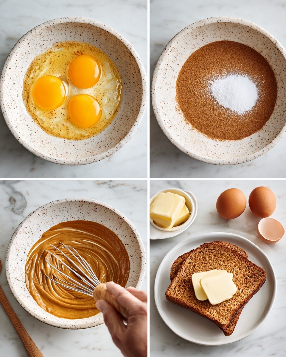 A white speckled bowl on a white marbled surface contains four bright yellow egg yolks, white granulated sugar, white cream, brown cinnamon powder, and dark vanilla extract, all separated but close together in the bowl. Next to the bowl is a metal whisk with a wooden handle and some cracked eggshells in a small white bowl. The second image shows the same bowl with the mixture smoothly whipped into a light brown foamy texture, with the whisk resting inside. In the third image, a slice of brown bread is being dipped by a white-gloved woman's hand into the thick cinnamon-egg mixture in the same bowl. The last image shows a golden brown toasted slice of bread cooking in a light beige pan with some melted butter, held by a wooden spatula on a white marbled surface with a small plate of butter in the background. photo taken with an iphone --ar 4:5 --v 7