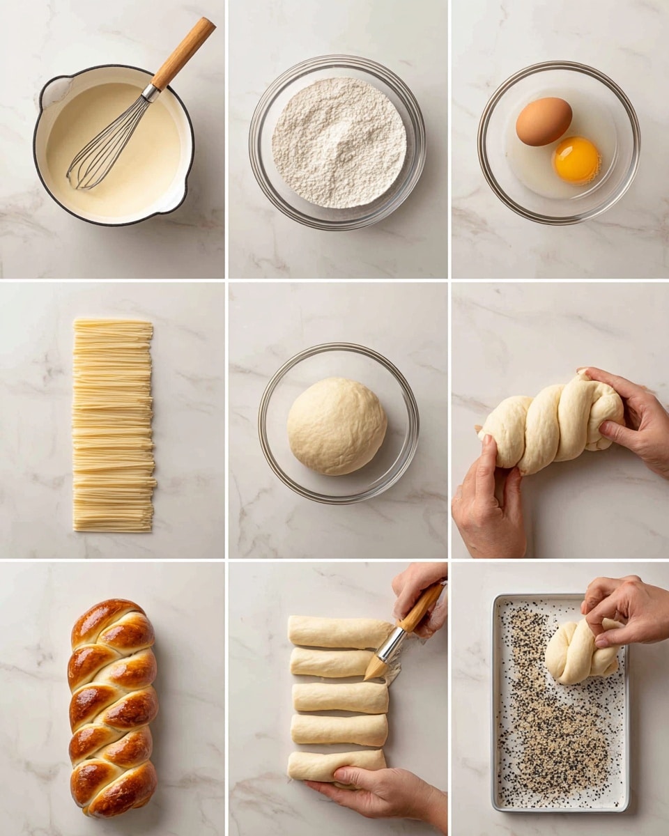 This image shows twelve steps of making twisted dough buns on a white marbled surface. The first panel shows a white saucepan with a light creamy mixture and a whisk with a wooden handle. The second panel shows a glass bowl with flour, a brown egg, and yeast mixed in. The third panel shows a smooth ball of dough resting in a glass bowl. The fourth panel shows the dough rolled flat into a square shape. The fifth panel shows two layers of dough, one lighter and one darker, placed side by side. The sixth panel shows the dough cut into evenly sized rectangular strips. The seventh panel shows one strip twisted and bent into a U shape. The eighth panel shows the twisted dough looped to prepare for shaping. The ninth panel shows a woman’s hand shaping the twisted dough into a knot. The tenth panel shows the dough knot held in a woman’s hand. The eleventh panel shows a brush applying egg wash or butter on top of the knots on a white baking tray. The last panel shows the dough knots sprinkled with black poppy and white sesame seeds, ready for baking. photo taken with an iphone --ar 4:5 --v 7