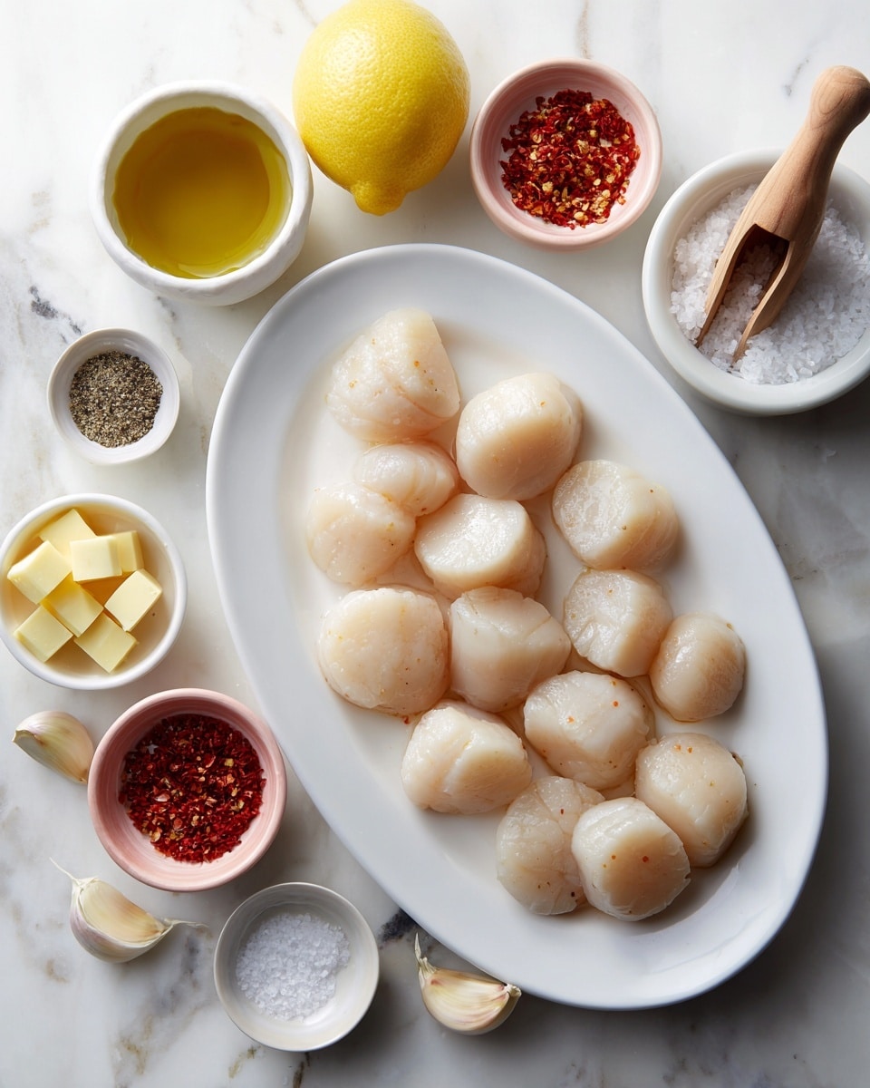 A white oval plate is filled with about sixteen smooth, pale tan scallops, arranged closely together. Around the plate, on a white marbled surface, there are small white bowls holding yellow butter cubes, a small pink bowl with red chili flakes, and a larger white bowl with squeezed lemon halves and a wooden citrus juicer. Two small spoons contain white salt and black pepper, while a cup holds a golden liquid, likely oil. Garlic cloves are placed near the lemon bowl, adding texture with their papery skin. The overall setting is bright and clean, showing fresh ingredients with soft lighting. photo taken with an iphone --ar 4:5 --v 7