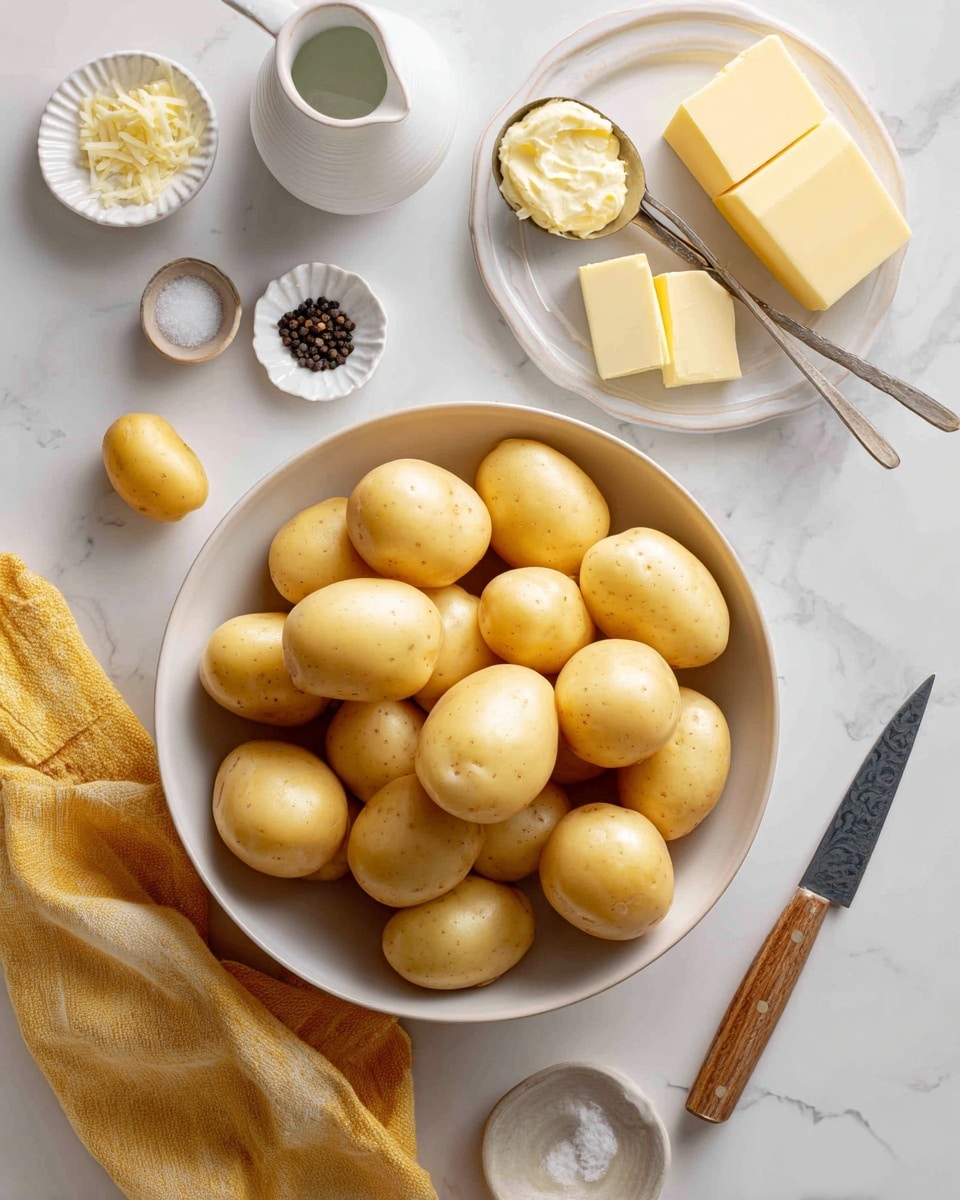 A large bowl filled with many small, smooth, yellow potatoes is placed in the center on a white marbled surface. To the upper right, a white plate holds several blocks and slices of pale yellow butter beside a butter knife with a wooden handle. Next to it, a small scalloped white dish contains some mashed garlic. Above the potatoes, two measuring spoons rest on the surface; one spoon is filled with white salt, and the other with black peppercorns. Below the potatoes, a white pitcher partially visible holds a liquid, likely milk or cream. A folded yellow cloth is placed to the left on the surface, with a few potatoes scattered loosely around the bowl. The photo taken with an iphone --ar 4:5 --v 7