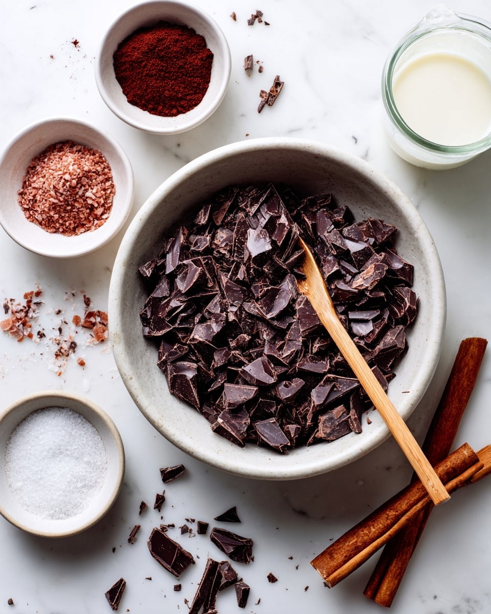 A large white bowl filled with dark brown, chopped chocolate pieces takes the center of the image, with a wooden spoon resting inside the bowl on top of the chocolate. Around it, there are smaller white dishes holding powdered ingredients: one bowl contains dark red powder, another has a mix of brown, red, and white powders placed together, and a small bowl has white granulated sugar. Two cinnamon sticks lie diagonally on the white marbled surface near the bowls. To the right, a glass container holds white liquid, partly visible in the frame. The scene is bright and clean, with scattered small bits of chocolate around the bowls, giving it a natural, kitchen feel. photo taken with an iphone --ar 4:5 --v 7