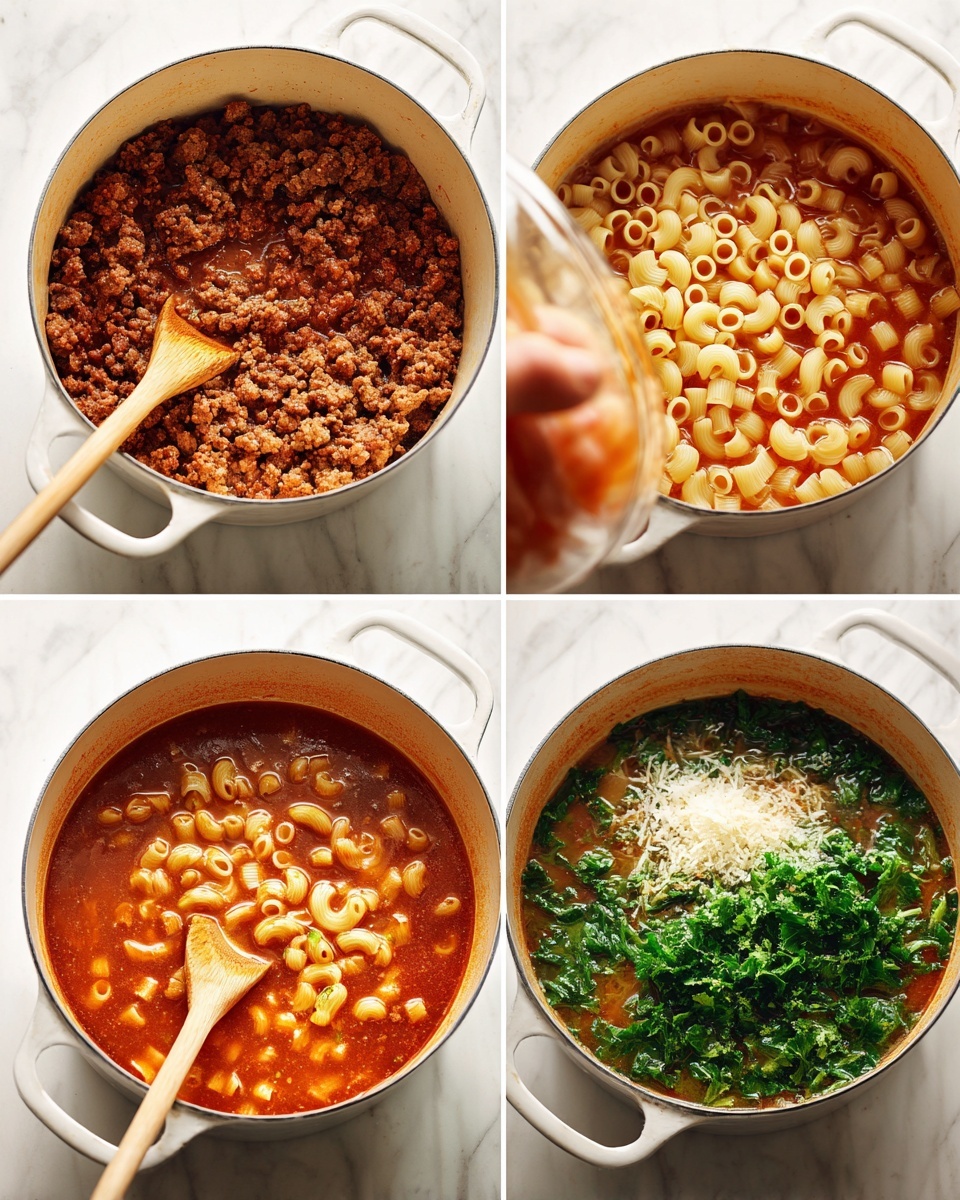 The image shows a white pot on a white marbled surface in four steps of cooking soup. The first step has a layer of browned ground meat with a rough texture filling the bottom of the pot, with a wooden spoon inside. The second step shows the same ground meat layer with a light brown tube-shaped ingredient and red broth poured over it, filling most of the pot. The third step shows small circular pasta pieces being poured by a woman's hand into the reddish broth, mixing with the ground meat. The final step has finely chopped green leafy vegetables fully covering the top layer, sitting on the reddish broth with meat and small pasta visible underneath. Photo taken with an iphone --ar 4:5 --v 7