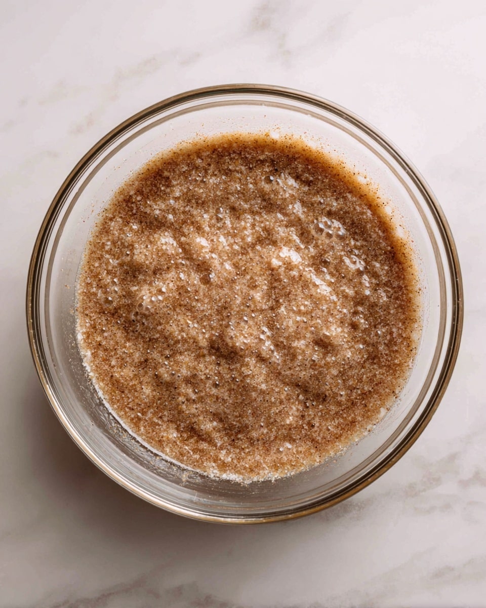 A clear glass bowl holds a mixture with a rough, foamy texture, light brown in color, unevenly spread inside the bowl with small bubbles visible throughout. The bowl is placed on a surface with a white marbled texture. The mixture looks thick and grainy, sitting mostly at the bottom center of the bowl but with some parts sticking to the sides. photo taken with an iphone --ar 4:5 --v 7