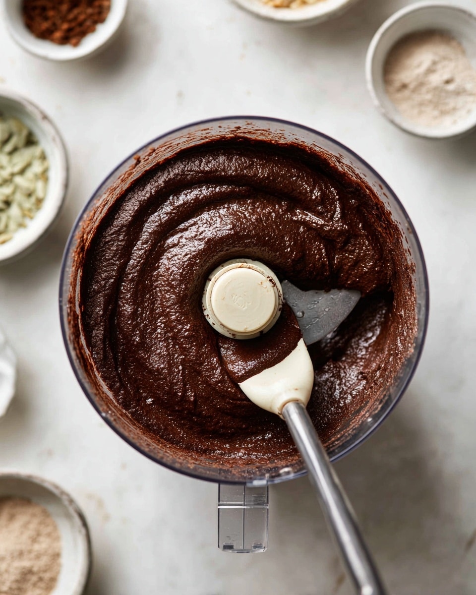 Inside a clear food processor bowl sits a thick, smooth dark brown paste filling the base evenly. A creamy white spatula with a transparent handle rests inside, partially covered in the paste, positioned diagonally from the top right to the center. The bowl's metal blade is visible under the paste, slightly stained by it. The background is a white marbled surface with small white bowls faintly visible at the edges, each containing different ingredients. photo taken with an iphone --ar 4:5 --v 7