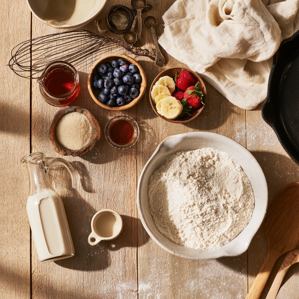 The image is divided into four parts showing the steps of making pancake batter and cooking pancakes. The first part shows a transparent bowl on a white marbled surface with dry ingredients like flour and baking powder on top, with a woman's hand not visible but implied. The second part shows the same transparent bowl where the ingredients are mixed into a smooth, light beige batter, with a woman's hand whisking it. The third part shows four round, uncooked pancakes with many bubbles on top cooking on a black griddle. The fourth part shows the same four pancakes cooked and golden brown on the black griddle, with smooth edges and a light golden color. The overall background is white marbled. Photo taken with an iphone --ar 4:5 --v 7