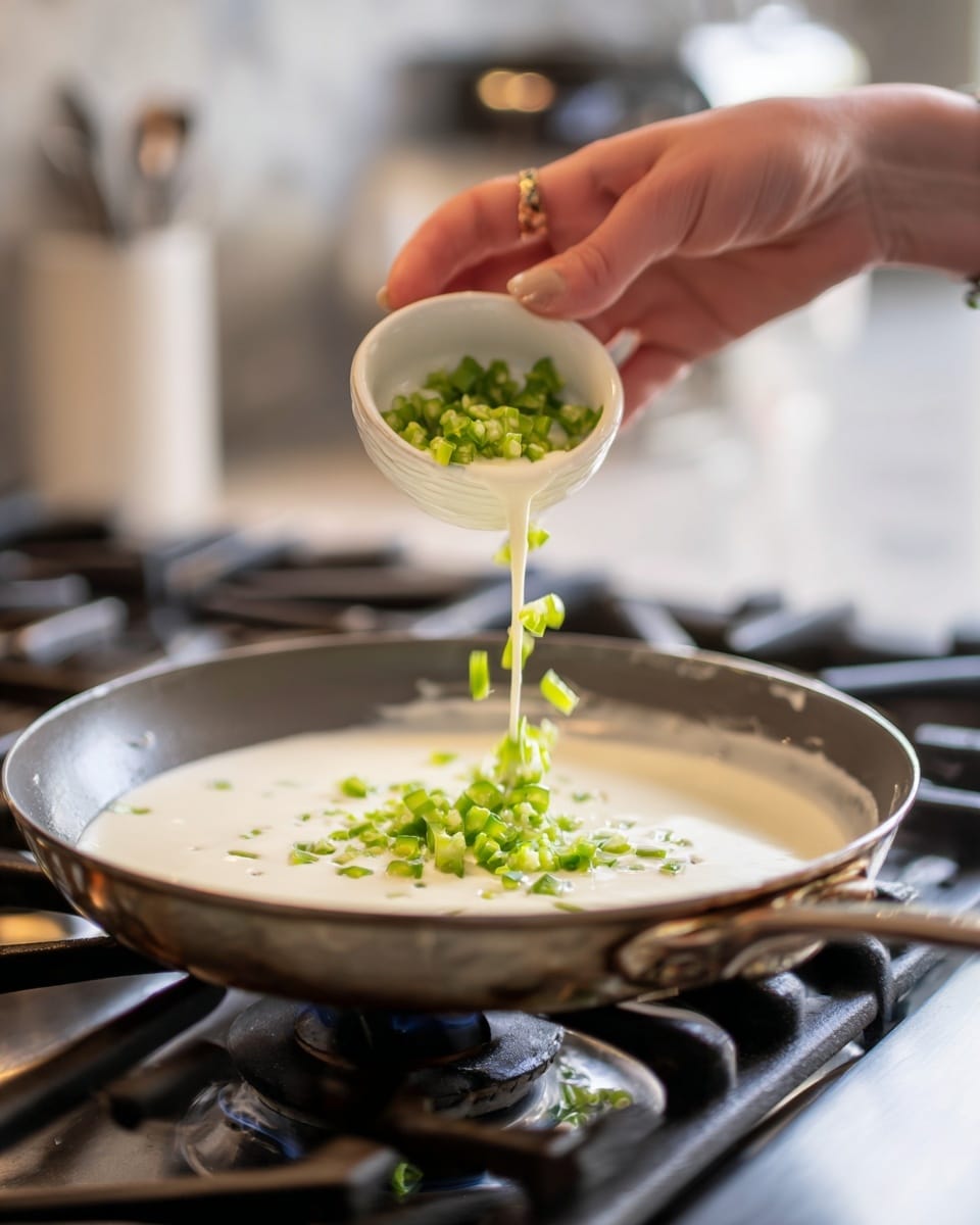 A close-up image shows a woman's hand holding a small white bowl pouring small chopped green peppers into a silver pan filled with creamy white sauce. The pan is on a gas stove with metal grates and black burners visible in the background. The scene focuses on the pouring motion as some chopped green peppers fall into the smooth sauce inside the pan. The background is softly blurred with neutral colors. Photo taken with an iphone --ar 4:5 --v 7