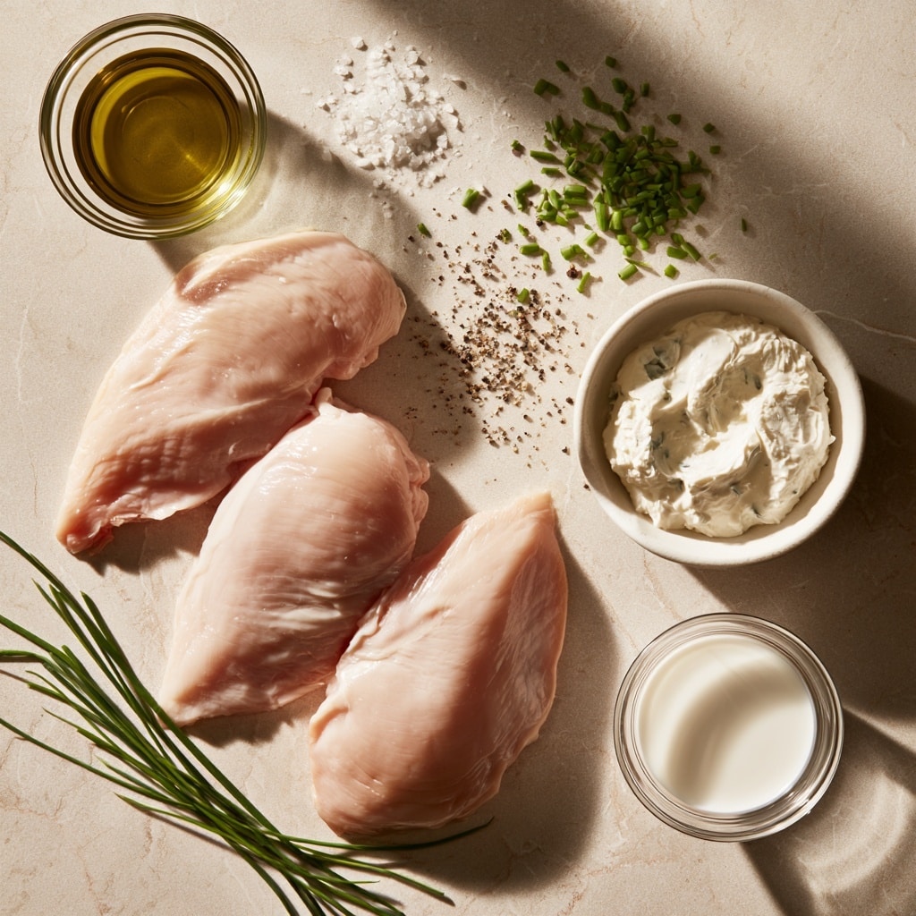 The image shows three raw chicken pieces inside a white rectangular baking dish. Each chicken piece is seasoned with black pepper and topped with a dollop of creamy white cheese mixture that looks soft and spreadable. The chicken is arranged in a single layer, side by side, with the cheese placed near the middle of each piece. The baking dish sits on a white marbled surface, clean and bright. Photo taken with an iphone --ar 4:5 --v 7