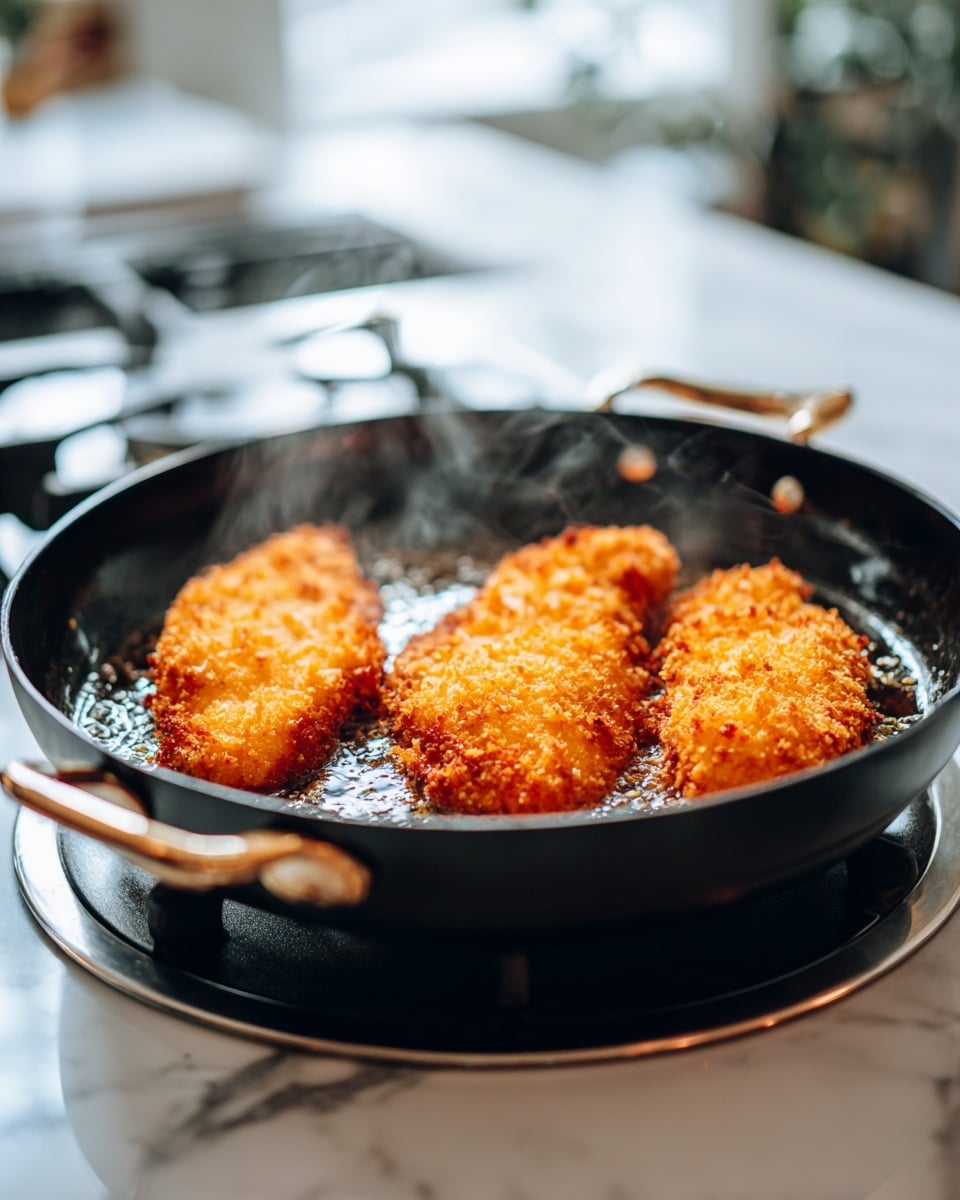 In the image, three pieces of breaded chicken are frying in a large black round pan with handles on both sides, placed on a stove burner. The chicken pieces are arranged side by side, with a crispy golden brown coating that looks crunchy and textured. Light steam rises from the pan, showing the chicken is hot and cooking. The pan sits on a white marbled surface, and the background is softly blurred, focusing attention on the sizzling chicken in the pan. photo taken with an iphone --ar 4:5 --v 7