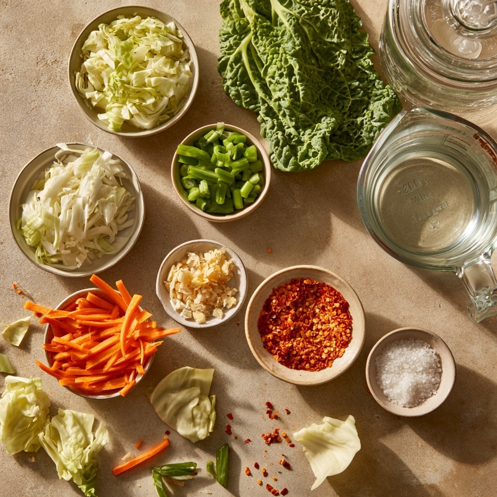 A clear glass bowl holds a layered mix of ingredients on a white marbled surface: the bottom layer is shredded pale yellow cabbage, topped with diced white and green onions scattered mostly on one side, with thin, bright red carrot sticks and small white pieces also visible. The dish is heavily sprinkled with a deep red powdery spice spread evenly over all layers, adding a vibrant contrast to the pale vegetables. The photo is taken with an iphone --ar 4:5 --v 7