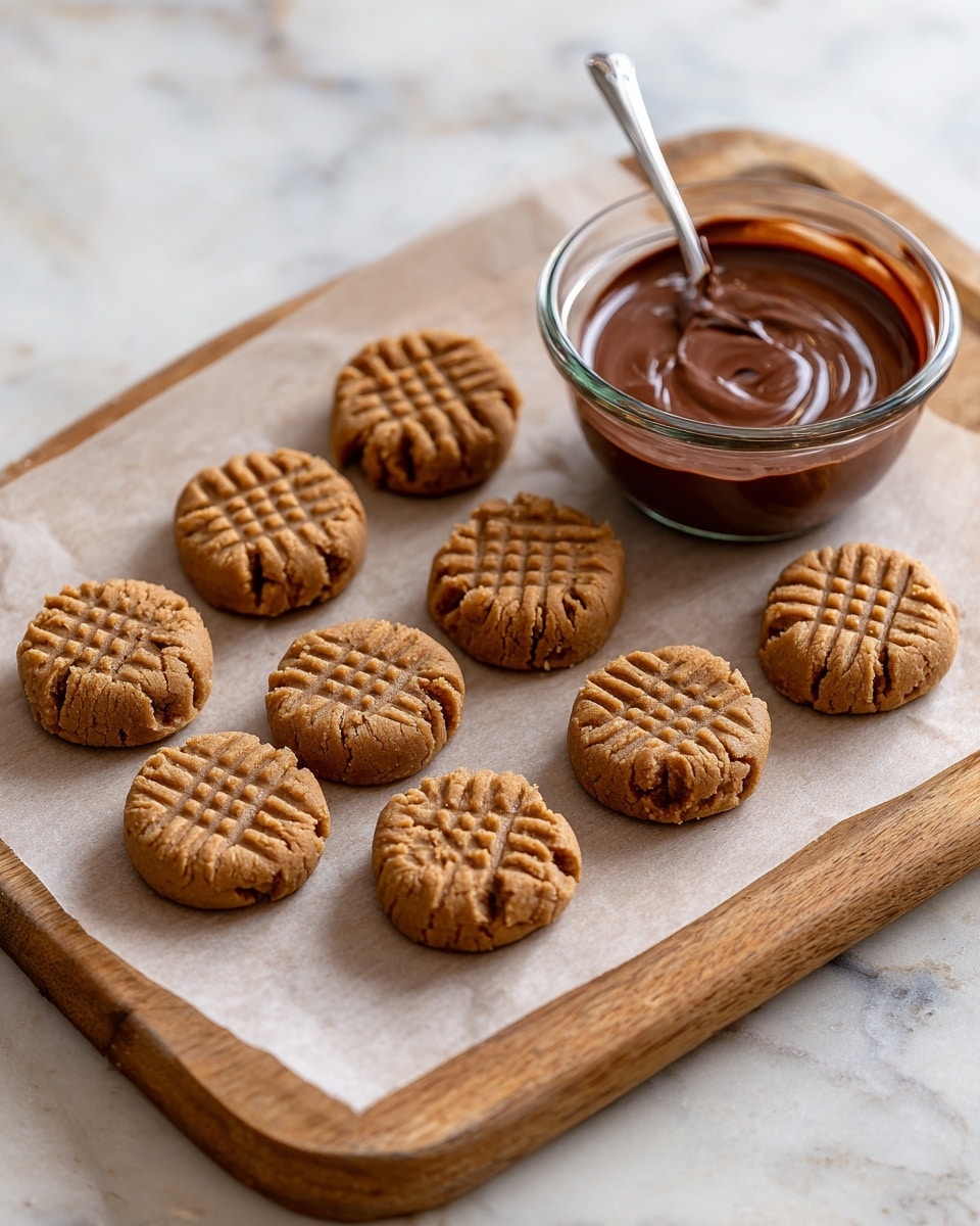 Ten small round cookie dough pieces are placed on a sheet of parchment paper, arranged in loose rows with space between each. Each cookie dough shape is light brown and has a crisscross fork pattern pressed on top, creating a textured grid. To the top right side, there is a small clear glass bowl filled with melted chocolate, with a metal spoon resting inside, some chocolate clinging to the sides. All items sit on a wooden board, but the background surface is a white marbled texture. The photo was taken with an iphone --ar 4:5 --v 7