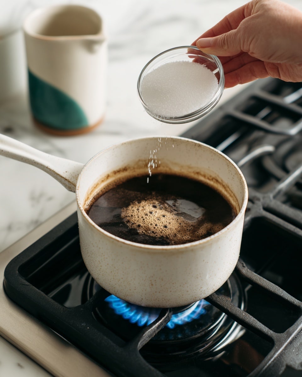 A white speckled pot sits on a black gas stove with a blue flame underneath. Inside the pot, there is a dark brown liquid with some small clumps or particles floating on the surface. Above the pot, a woman's hand holds a small clear bowl filled with white granulated sugar, about to pour it into the pot. The background surface is a white marbled texture with a ceramic container with green and white colors partially visible on the left side. Photo taken with an iphone --ar 4:5 --v 7