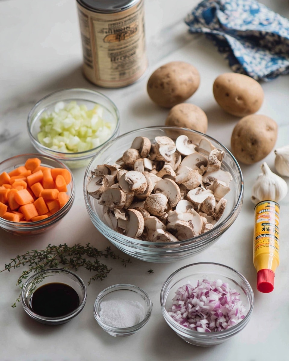 A kitchen counter with a white marbled texture holds several clear glass bowls and other ingredients arranged neatly; the largest bowl in the center is filled with light brown sliced mushrooms showing a smooth texture and dark spots, to its right is a medium clear bowl filled with finely chopped red onions, and beside it are three whole brown potatoes with rough skin and a white garlic bulb with a papery texture and green sprigs of thyme nearby. To the left of the mushroom bowl are smaller glass bowls containing diced bright orange carrots, pale celery pieces, and mixed white powdered seasonings. Two tiny bowls at the front contain dark soy sauce, and a yellow tube with red tip and label stands near a closed tin can with a beige label in the back. In the background, a person wearing a blue and white patterned dress is partially visible, with a woman's hand cutting off-screen. Photo taken with an iphone --ar 4:5 --v 7
