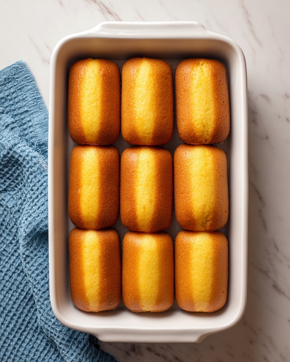 A white rectangular baking dish filled with two neat rows of six golden-brown Twinkies, each with a slightly shiny, smooth texture and a light crust. The dish is placed on a white marbled surface, with packs of Hostess Twinkies around it. A blue cloth with a waffle texture is visible on the left side. Photo taken with an iphone --ar 4:5 --v 7