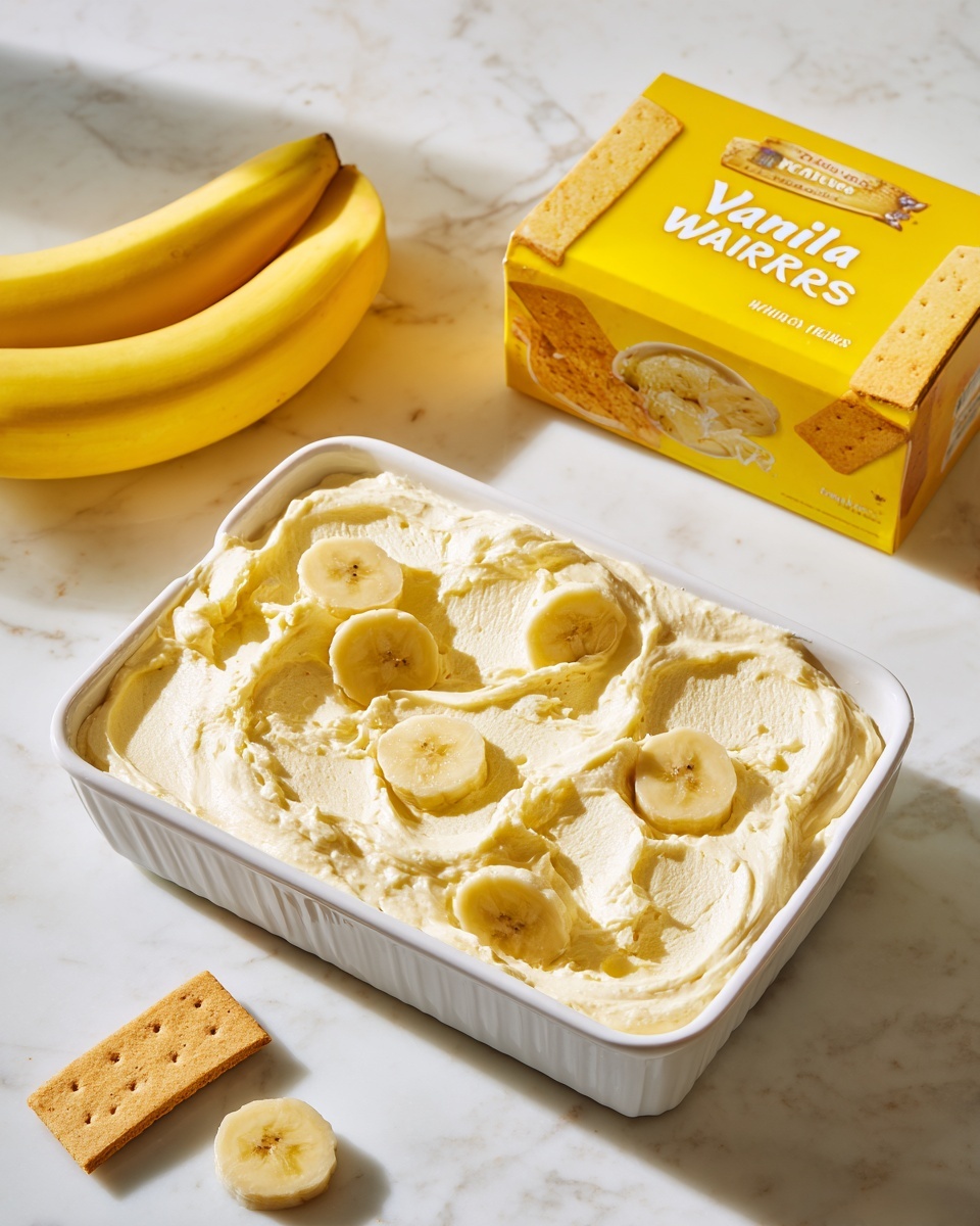 A white rectangular dish filled with a thick, creamy yellow mixture spread unevenly with soft texture, dotted with visible slices of banana embedded within the mixture. In the background, a yellow box labeled