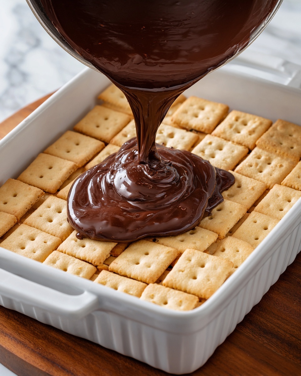 The image shows a white baking dish with a layer of square pale golden crackers neatly arranged in rows, each cracker having small evenly spaced holes. Over the crackers, shiny dark brown melted chocolate is being poured from a metal saucepan, creating a smooth, glossy swirl that spreads over the cracker layer. The baking dish sits on a wooden surface, and the background is changed to a white marbled texture. photo taken with an iphone --ar 4:5 --v 7