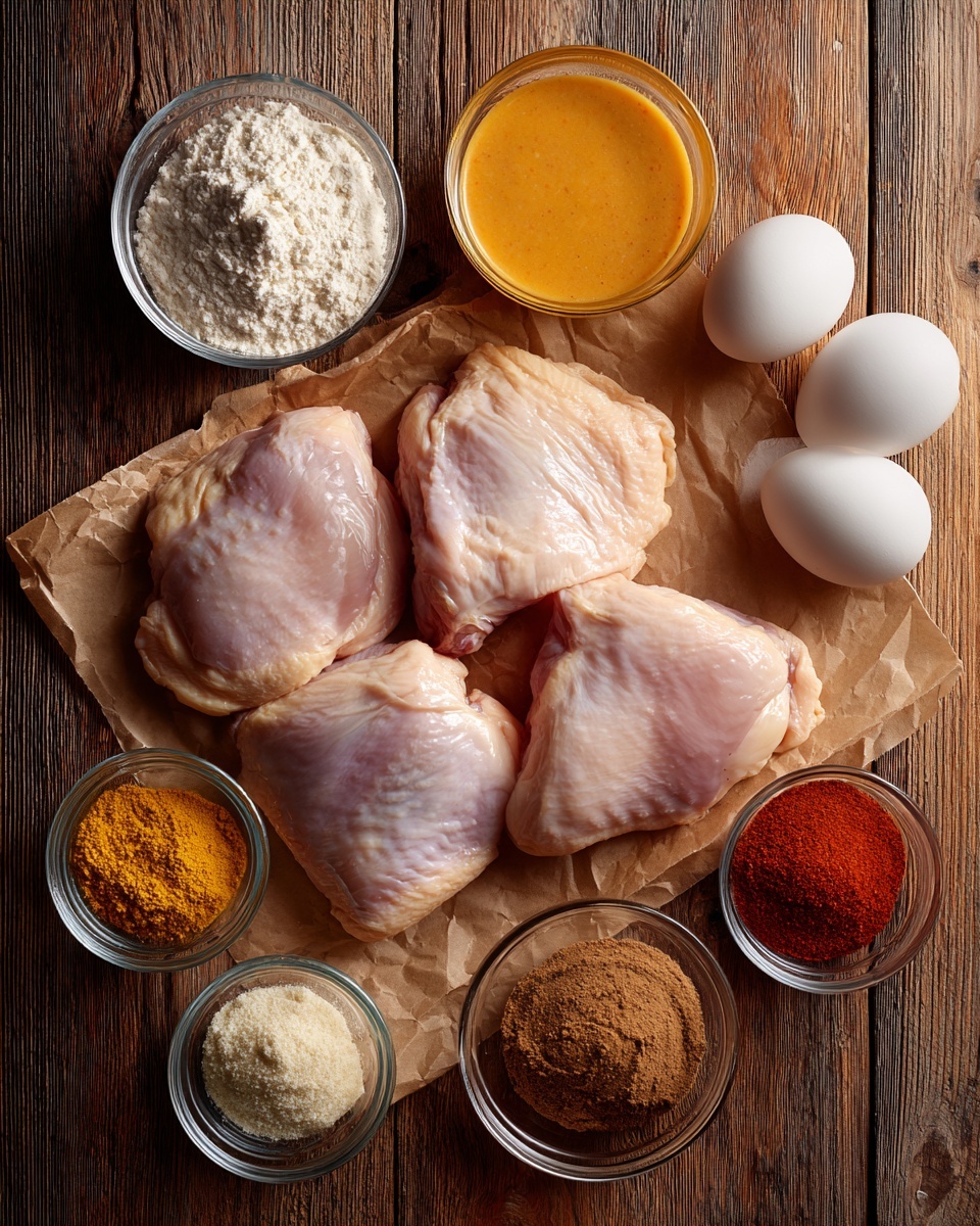 The image shows three raw, light pink chicken pieces placed on a piece of brown parchment paper in the center. Around the chicken, there are small clear glass bowls filled with different spices and ingredients: one with white flour to the left, another with smooth orange sauce above, two white eggs above the chicken, and others containing various powders of white, beige, brown, and red colors positioned neatly around the chicken. All items are on a wooden surface. photo taken with an iphone --ar 4:5 --v 7