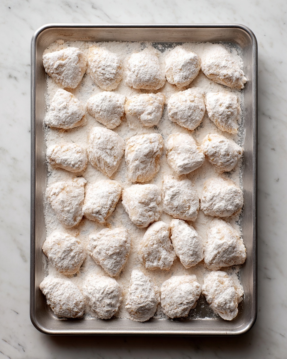 This image shows a metal baking tray with twenty-four pieces of raw chicken coated in white flour and arranged neatly in rows. Each piece of chicken is irregular in shape, soft in texture, and spread evenly on the tray, leaving space around each piece. The background surface is a white marbled texture. photo taken with an iphone --ar 4:5 --v 7
