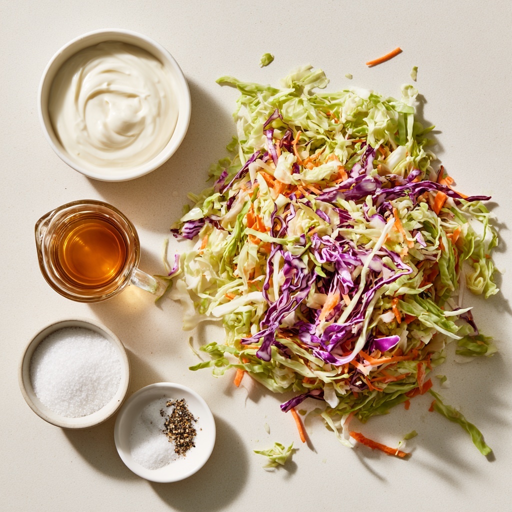A clear glass bowl filled with a creamy white dressing, speckled with small black pepper flakes and bubbles on the surface, has a small metal whisk resting inside it. This bowl is placed on a white cloth with green checkered patterns, which lies on a white marbled surface. Behind it, there is a bigger clear glass bowl containing shredded vegetables including white cabbage, orange carrots, and purple cabbage. There is a wooden board partially visible under the bigger bowl. The overall scene is bright and clean. photo taken with an iphone --ar 4:5 --v 7