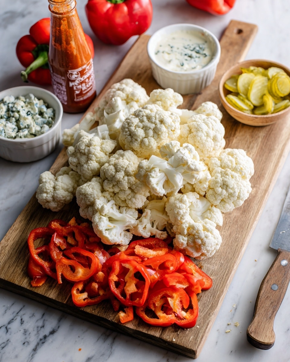 A wooden board filled with a large pile of white cauliflower florets at the center, with thin slices of bright red bell pepper spread in two separate piles at the front edges of the board. To the left and right sides of the board, there are whole red bell peppers partially visible. Behind the board, on a white marbled surface, there are three small white bowls: one with yellow pickle slices, another with white ranch dressing sprinkled with herbs, and a third with small blue cheese crumbles in a wooden bowl. A bottle of red hot sauce stands toward the back left. A woman's hand is not visible, but a steel knife lies flat at the front right edge of the board. Photo taken with an iphone --ar 4:5 --v 7