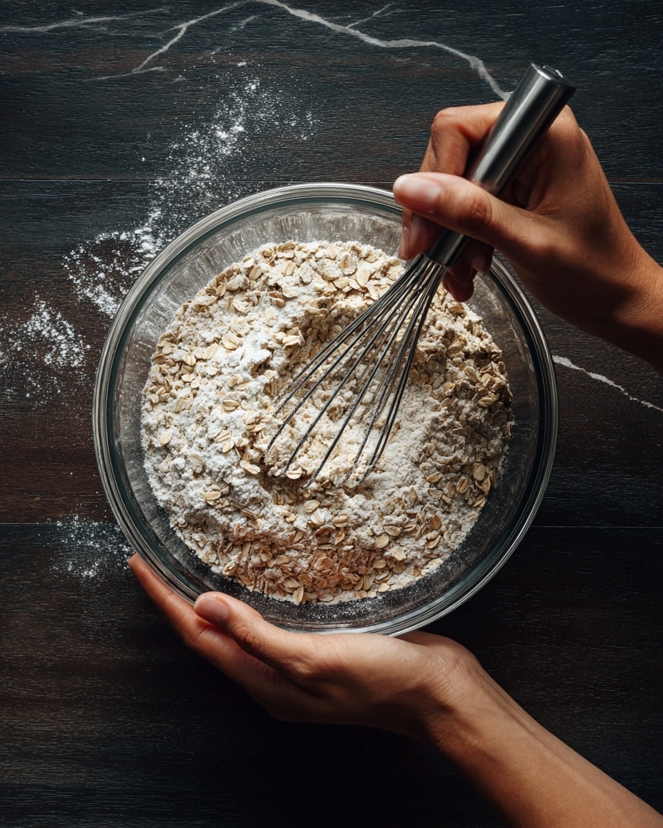 A clear glass bowl holds light beige rolled oats mixed with fine white flour. A woman's hand grips the side of the bowl while another woman's hand stirs the mixture with a silver metal whisk. The background shows a dark wood surface, changed to a white marbled texture. Photo taken with an iphone --ar 4:5 --v 7