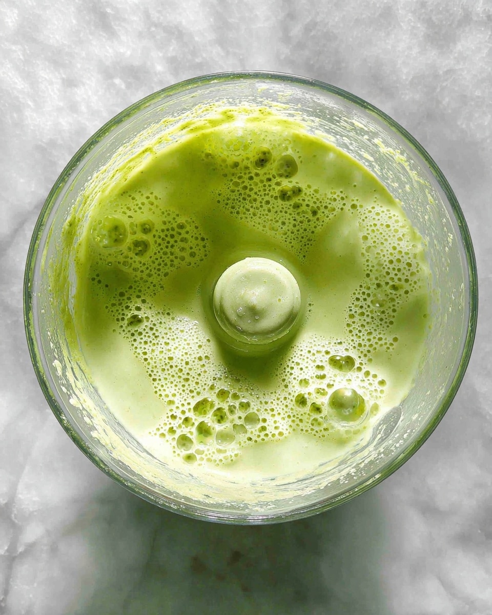 A top view of a clear blender container filled with a smooth, light green sauce that has small bubbles and a slightly frothy texture on its surface. The blender blade is visible in the center, surrounded by the creamy green mixture. The background is a white marbled texture. photo taken with an iphone --ar 4:5 --v 7