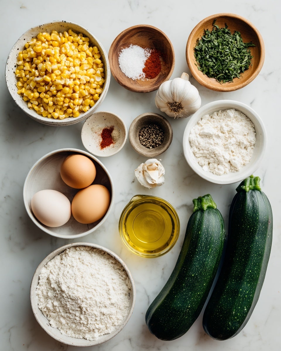 The image shows fresh ingredients neatly arranged on a white marbled surface. There are two dark green zucchinis placed side by side on the right. Near them are a small clear glass cup with golden olive oil and a small white bowl with green chopped herbs. Above those are wooden bowls with two garlic cloves and a mix of salt and black pepper. To the left, there is a white bowl filled with bright yellow corn kernels and below it, a white bowl full of white flour. Above the corn are a few small white bowls with light brown and red spices, flour, and two raw eggs in a larger white bowl with a light yellow yolk and clear egg whites. The layout is clean and organized, showing a variety of textures and colors from green, yellow, white, red, and brown. Photo taken with an iphone --ar 4:5 --v 7
