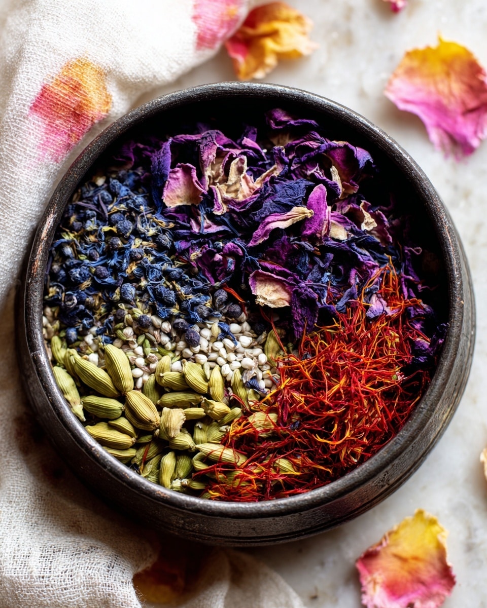 A close-up top view of a small black metal bowl filled with layers of different colorful dried spices and petals. The bottom layer shows small white seeds, topped with scattered green cardamom pods. Above these are dark blue peppercorns mixed in, then a middle layer of thin red saffron strands, and the top layer is mainly deep purple dried rose petals with curled edges. The bowl rests on a white marbled surface next to a piece of white cloth with soft pink and orange watercolor spots. Photo taken with an iphone --ar 4:5 --v 7