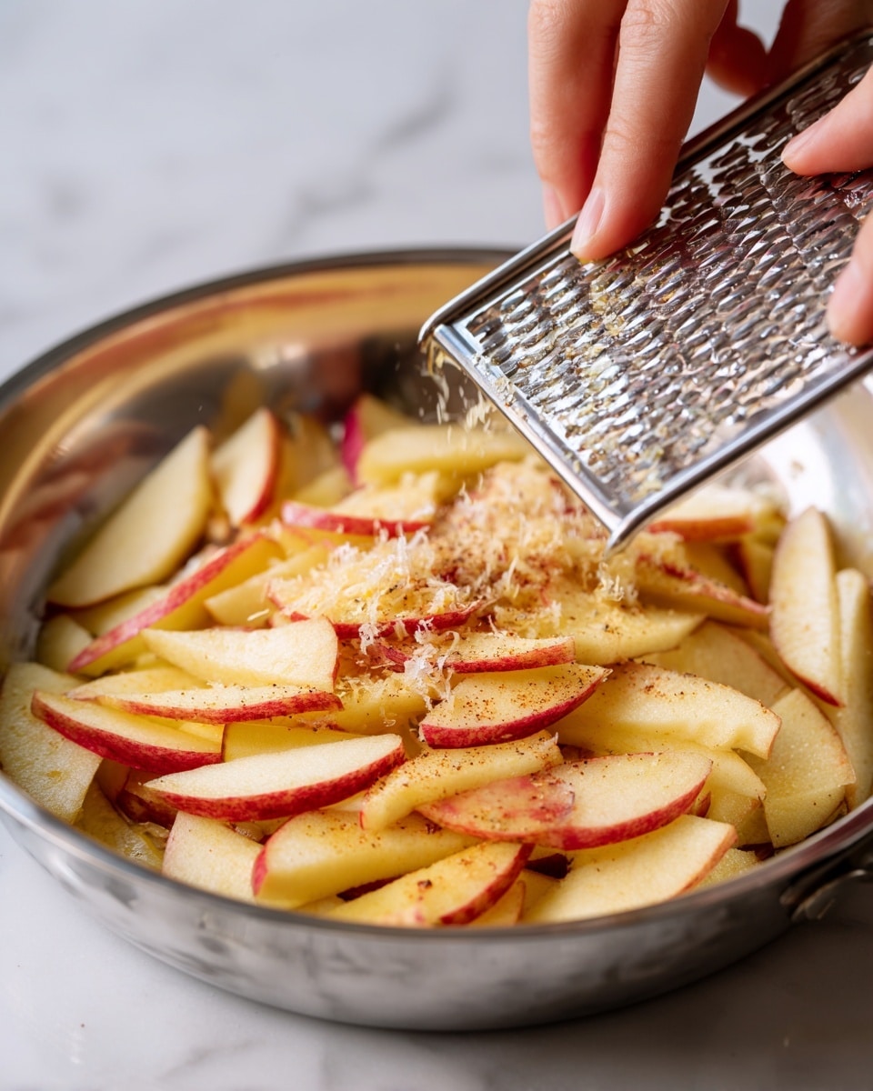 A close-up view of a silver frying pan filled with about two layers of thin, curved apple slices, golden brown with seasoning visible on their surfaces, being grated over by a person's fingers. The apple slices have some red skin edges showing, with a warm, slightly shiny texture. The silver grater is held near the top right side, with fine shavings falling onto the apples below. The background shows a white marbled surface. photo taken with an iphone --ar 4:5 --v 7