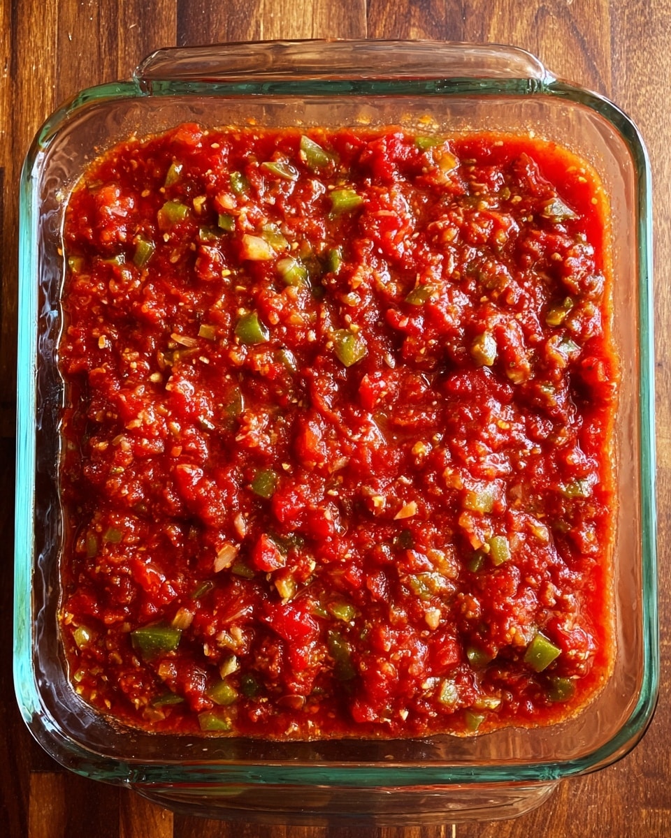 A clear glass square dish filled with a single thick layer of chunky red sauce that has a mix of diced tomatoes, green bell peppers, and onions. The sauce looks fresh with visible small pieces of vegetables evenly spread throughout, creating a textured surface. The dish is placed on a wooden surface with no other food visible inside the dish. Photo taken with an iphone --ar 4:5 --v 7