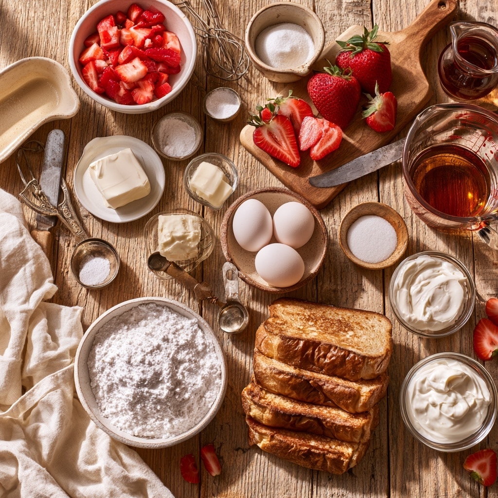 The image shows two slices of white bread on a wooden surface with a white marbled texture digitally added behind. The slice on the left has a layer of pink cream with small bits of strawberry visible, topped with a single layer of whole, round strawberry slices arranged neatly. The slice on the right has a thick, uneven spread of the same pink cream with strawberry pieces mixed in. Behind the bread, there is a small white plate with some red strawberry slices on it, and a woman's hand is partially visible in the upper part of the frame near a mixing bowl. Photo taken with an iphone --ar 4:5 --v 7