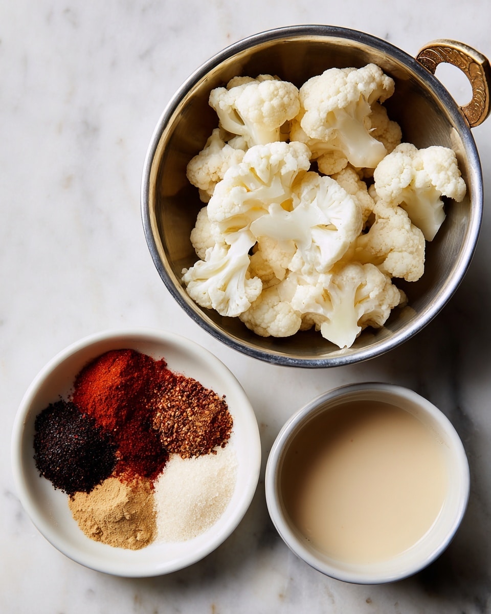 The image shows three bowls on a white marbled surface. The largest bowl on the top right is silver and filled with white cauliflower pieces. A smaller white bowl below it holds a light cream-colored liquid. To the left, another small white bowl contains six different spices arranged in sections, with colors including dark red, brown, black, tan, beige, and white. There is a woman's hand to the left edge holding the spice bowl. Photo taken with an iphone --ar 4:5 --v 7